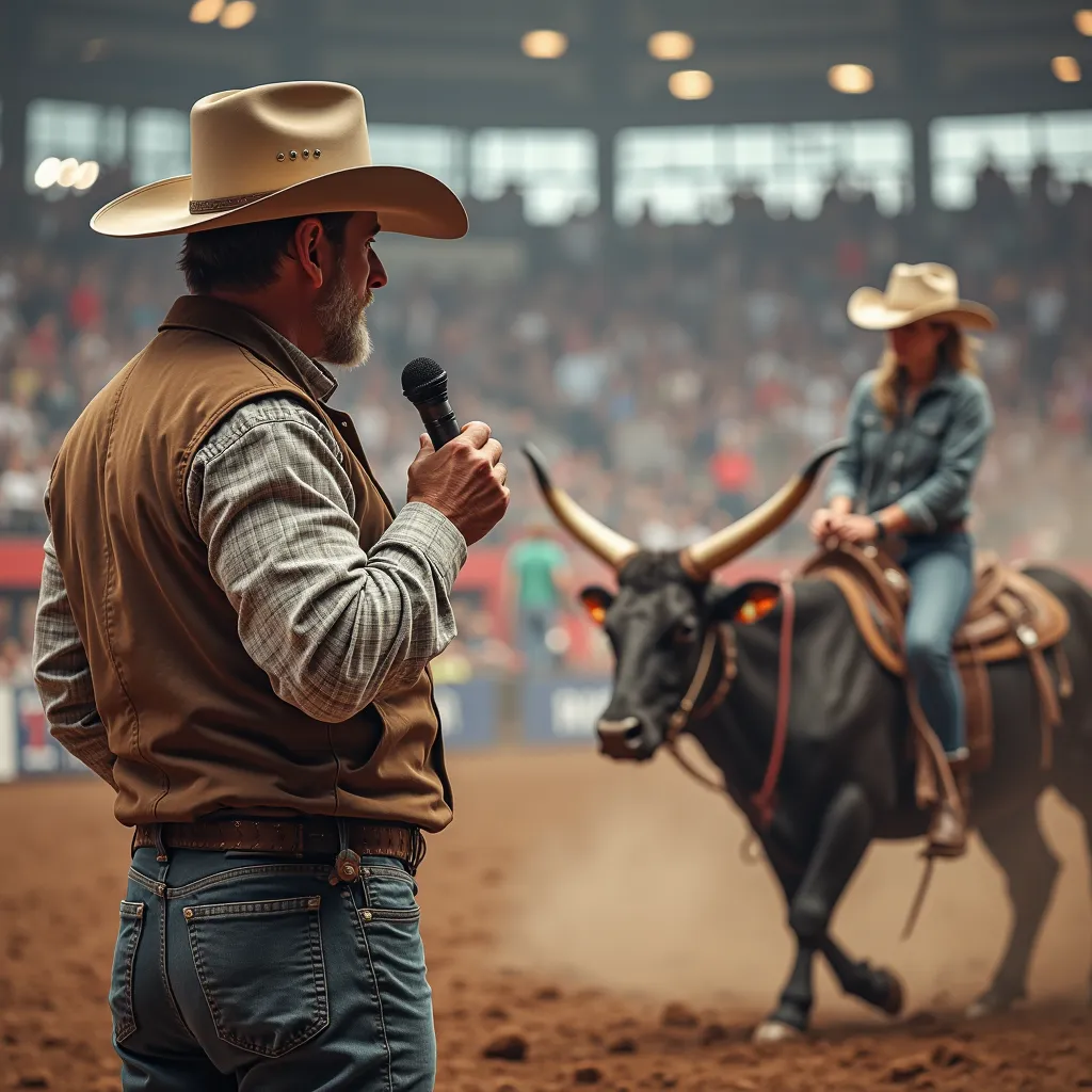 Create a hyper-realistic photograph capturing the intense moment at a modern rodeo arena, where the rodeo announcer, dressed in a classic cowboy outfit, stands confidently holding a microphone. His rugged features and weathered hat add to the authenticity ...