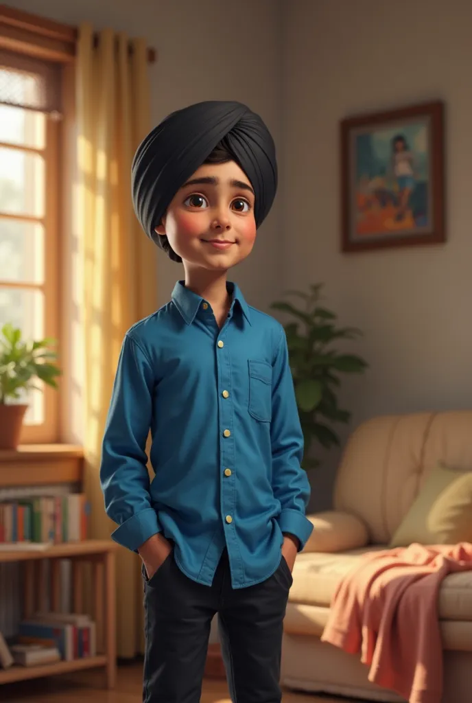 A Sikh boy blue shirt and black sample pant with black cap in home