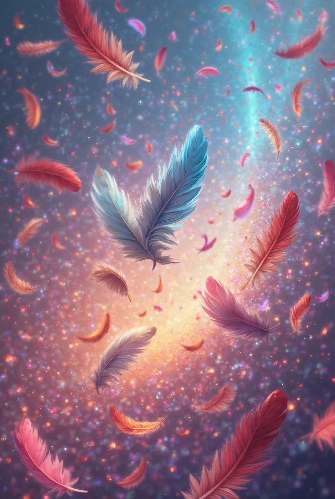 Feathers dance in the sparkling, colorful sky