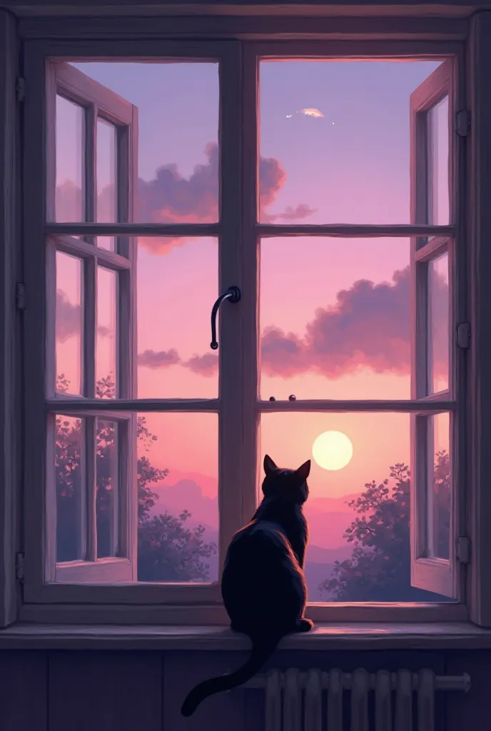 Black cat with its back looking out the French glass window, window with 4 glass partitions, CLOSED, Low light in the interior of the cat's room, Warm light outside the window, View from the window of a sky with few clouds, a cloud in the shape of a whale,...