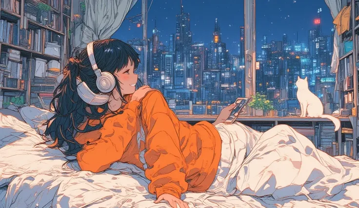  1980s comic ，rough pencil art ，rear view, The image is an illustration of a 1girl, black hair resting on a bed in a bedroom. She is wearing a orange hoodie. She is wearing a pair of white headphones, listening to the music, she is smiling satisfied and re...