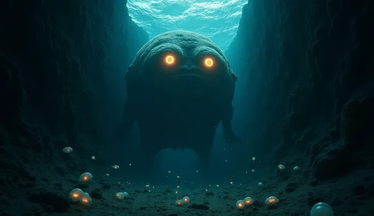 An enormous underwater trench opening, leading into a pitch-black abyss. The water shudders with movement, sending clouds of disturbed sediment swirling. Two massive, glowing amber eyes slowly emerge from the depths, casting an eerie light across the trenc...