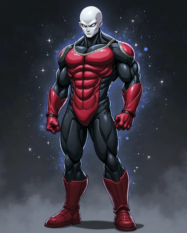 "A highly detailed, anime-style character resembling Jiren from Dragon Ball but with a slightly leaner physique, not overly muscular. He is wearing a fully covered battle suit with a futuristic design, including gloves and boots. The suit is black and red ...