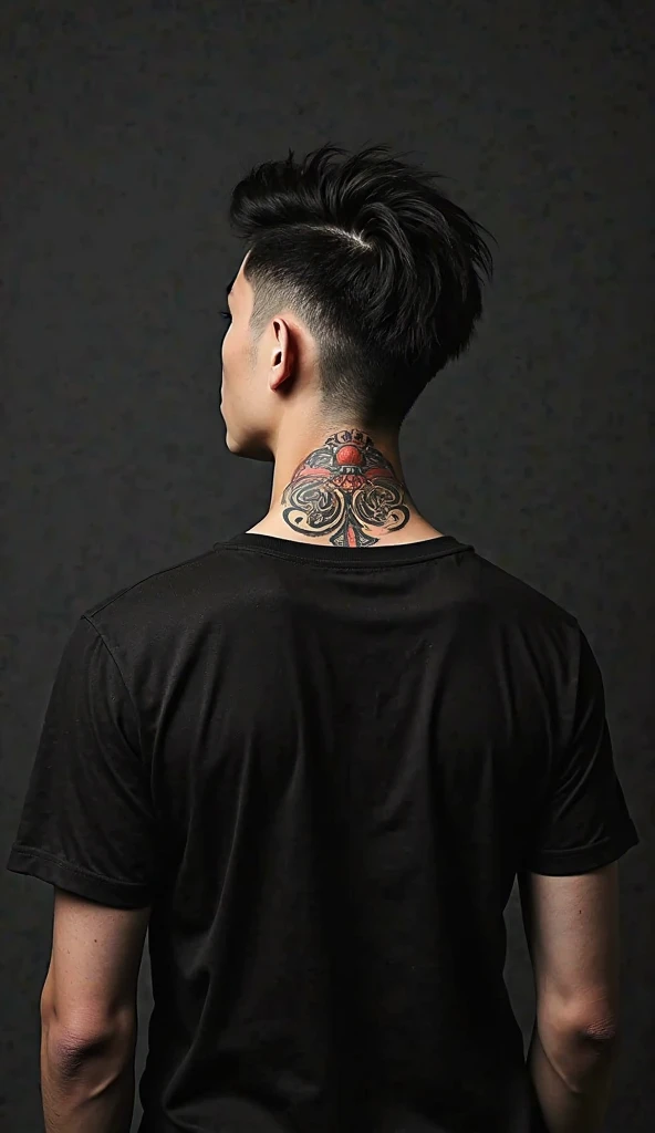 mock up black back view t-shirt with korean male model, there is a tattoo on the back neck