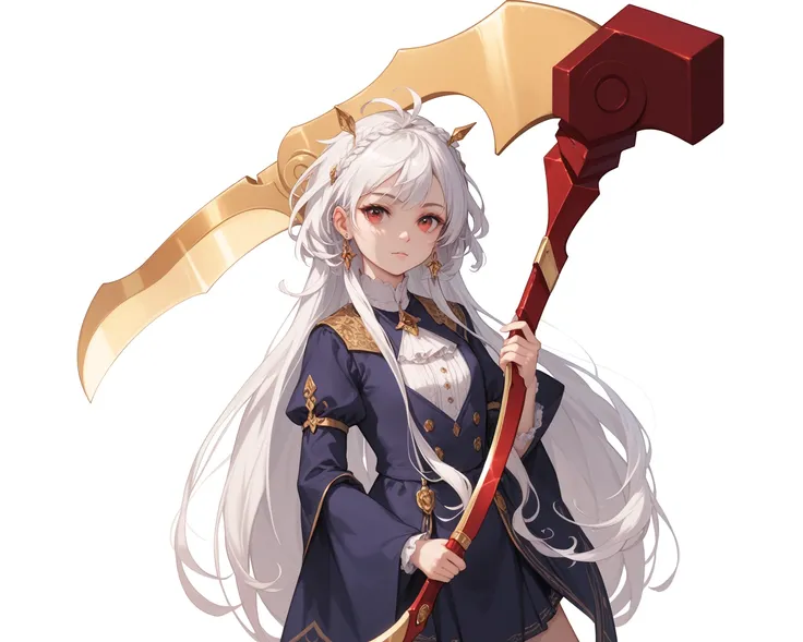 1 loli, red eyes, white hair, human, a golden sickle