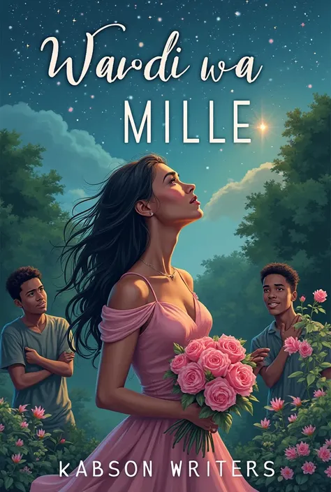 

"A book cover featuring a beautiful woman holding a bouquet of pink roses, gazing up at a sky filled with many small stars and one large, bright star. The background is a serene garden with lush greenery and delicate flowers. Below her, two young men are...