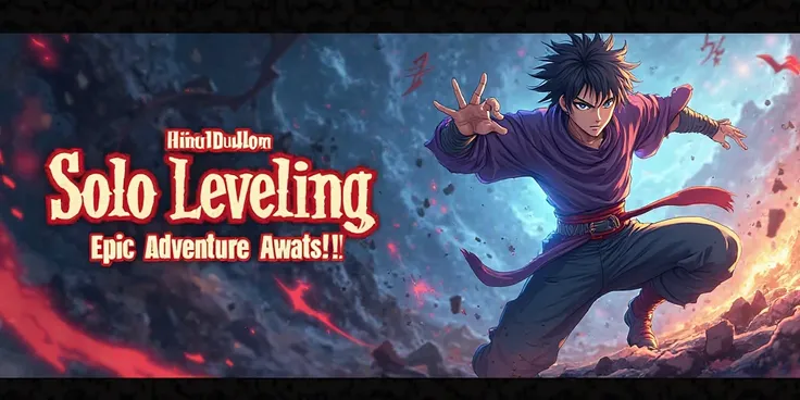 "Create a visually striking YouTube banner for the anime Solo Leveling, featuring Jinwoo, the main character, in an epic action pose. The background should be a mix of dark and vibrant colors, reflecting both the danger and adventure in the series. Include...