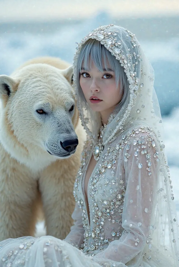 Femme européenne cheveux courts gris frange sur le front yeux bruns vêtue d’une robe blanche à capuche incrustée de cristaux multicolores est assis avec un ours polaire en antarctique 