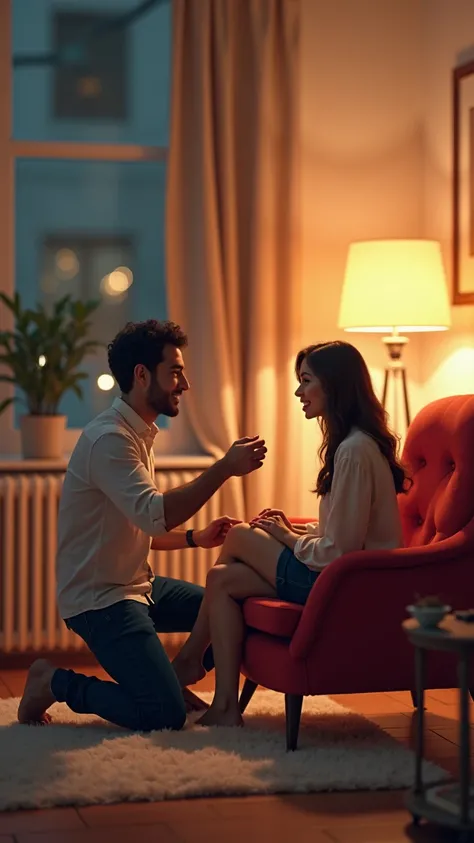 Marriage proposal in an apartment.
The man is kneeling the woman in a modern red armchair