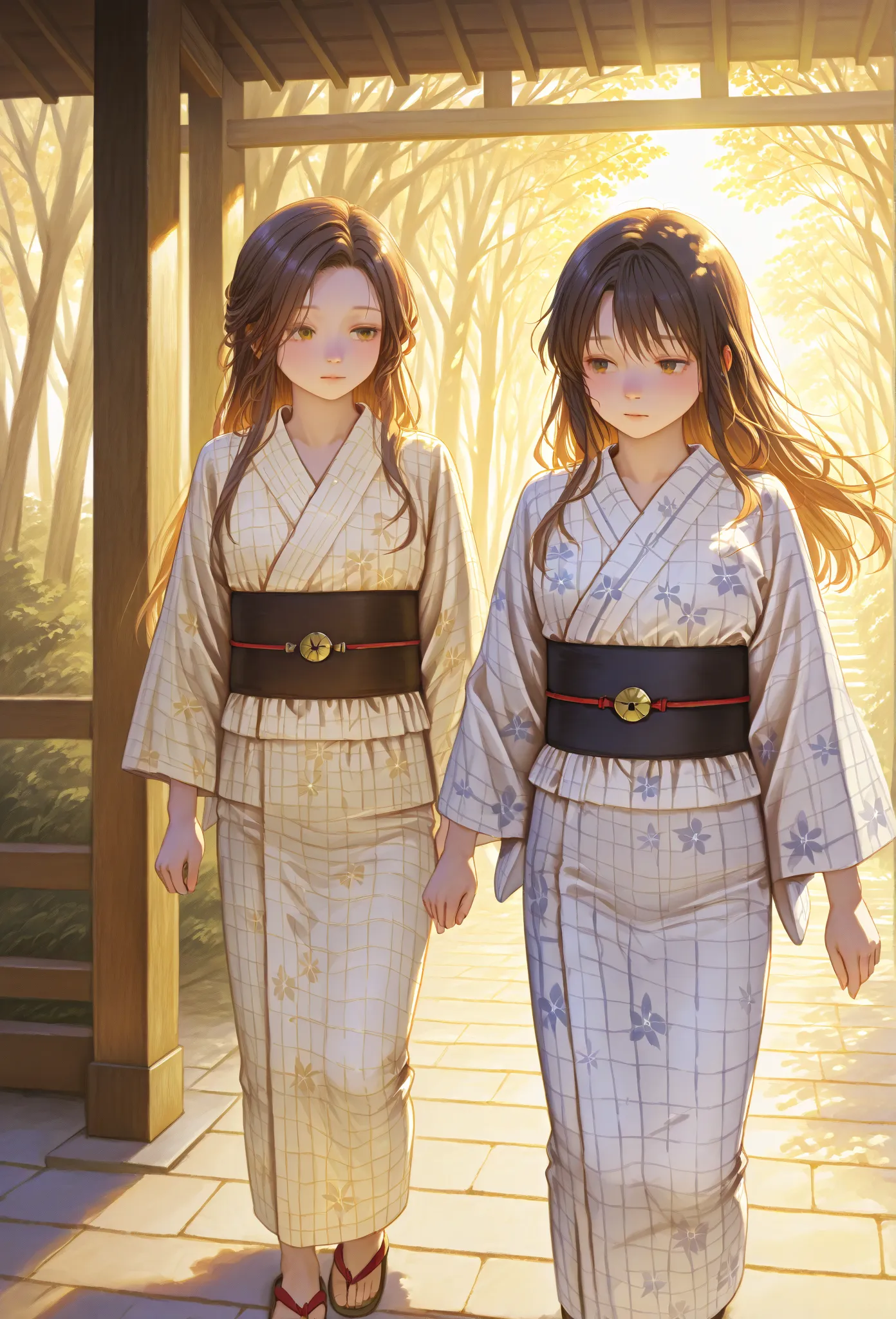    young  ,yukata,fair, eating walking,Good friends