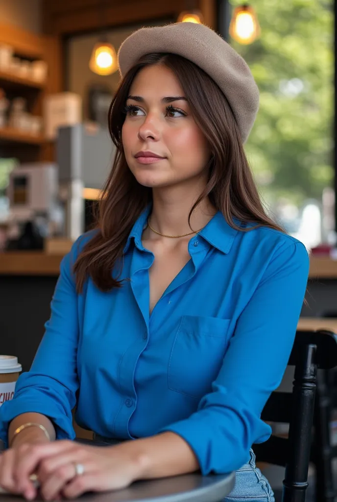 Woman sits in a coffee. Has a blue shirt on, style photorealistic, impressionist, sharp focus, very detailed, daylight, detail,