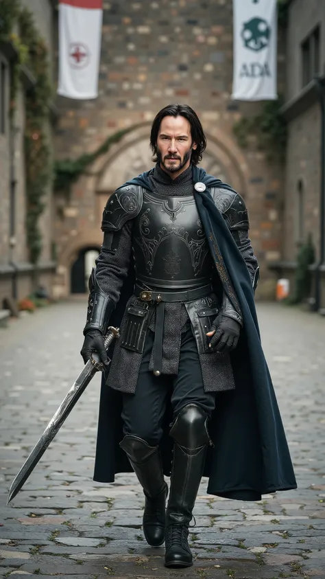 Keanu Reeves reimagined as a knight walking and holding sword、dramatic atmosphere, 1 male、
He has short, dark hair and piercing dark brown eyes beneath furrowed brows.
He wears an elegant, tailored black leather doublet, embroidered with fine silver and d...