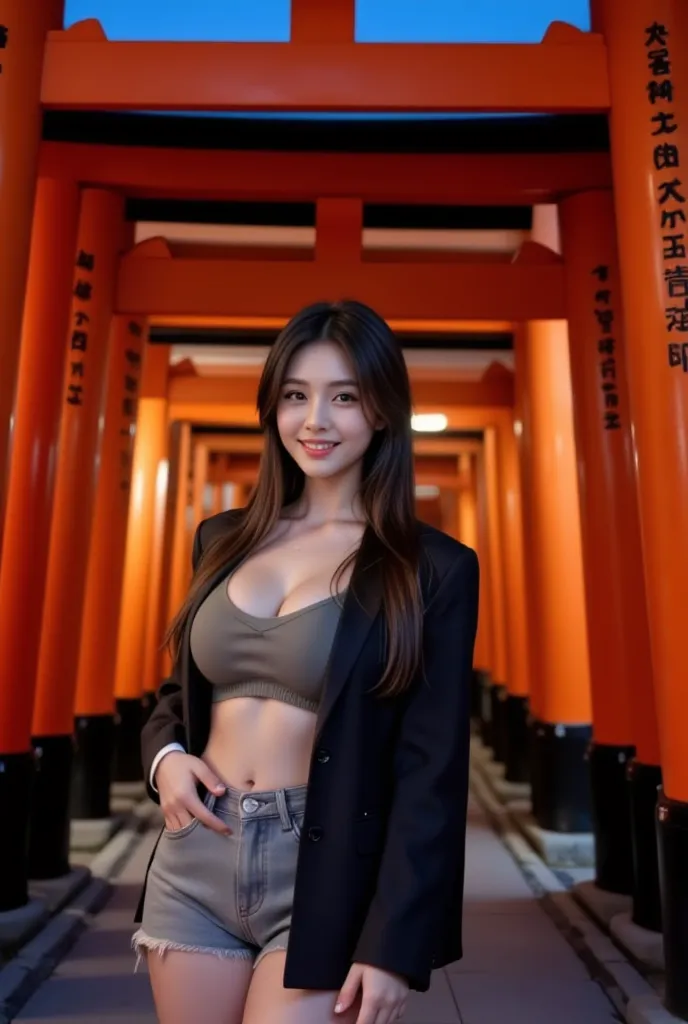 Fushimi Inari Shrine at Twilight: Surrounded by the iconic vermilion torii gates of Fushimi Inari Shrine, the young woman strikes a pose, playfully capturing the essence of this unique landmark. The deepening twilight sky casts an alluring blue hue, softly...