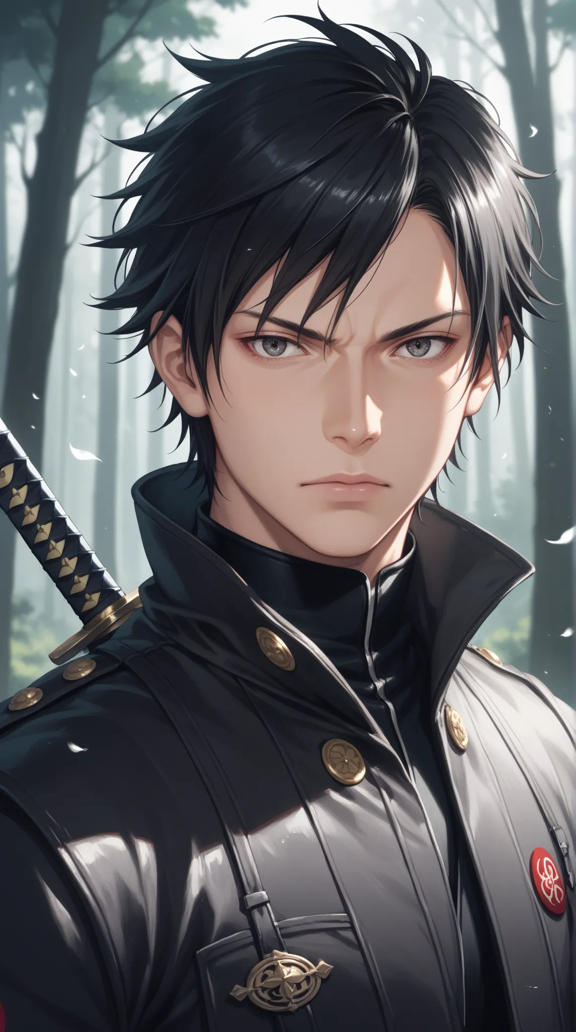 " in anime style , is a mature male ninja, adı  Sasuke Uchiha . Her medium-length black hair flutters in the wind, looks with sharp and determined eyes. with a high collar, He has a dark gray jacket and a black katana at the waist. A melancholic expression...