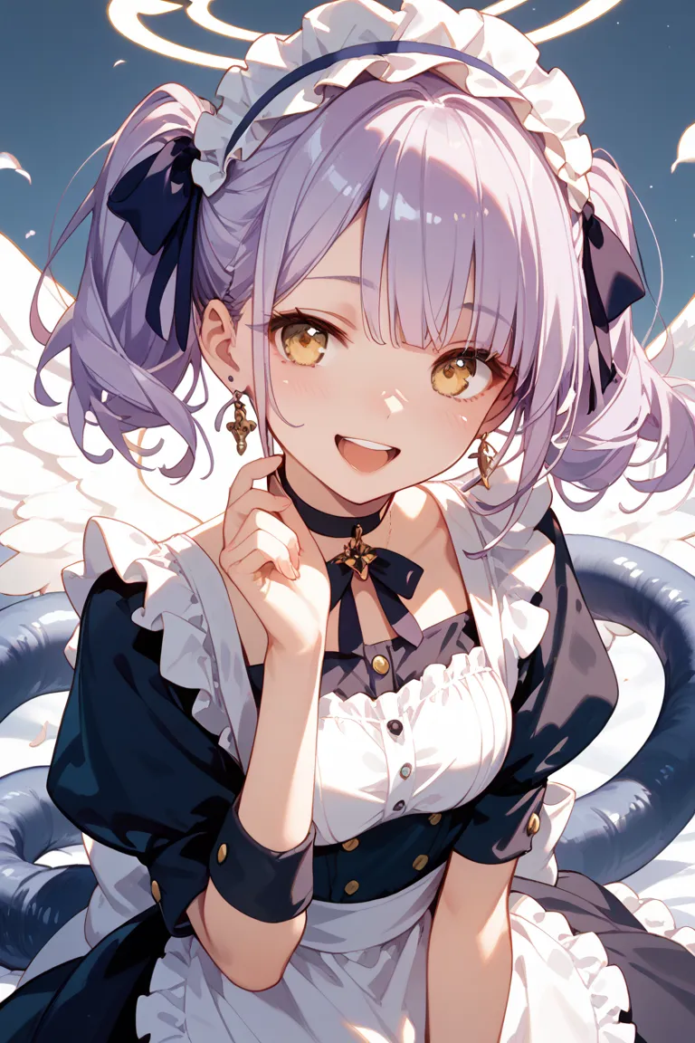 Only one girl、 light purple hair、 yellow eyes、 long twin tail hair、 close face、wearing maid clothes、angel wing hair elastic、is wearing a choker、I'm wearing a worm cover、They're turning over here and laughing、 close face