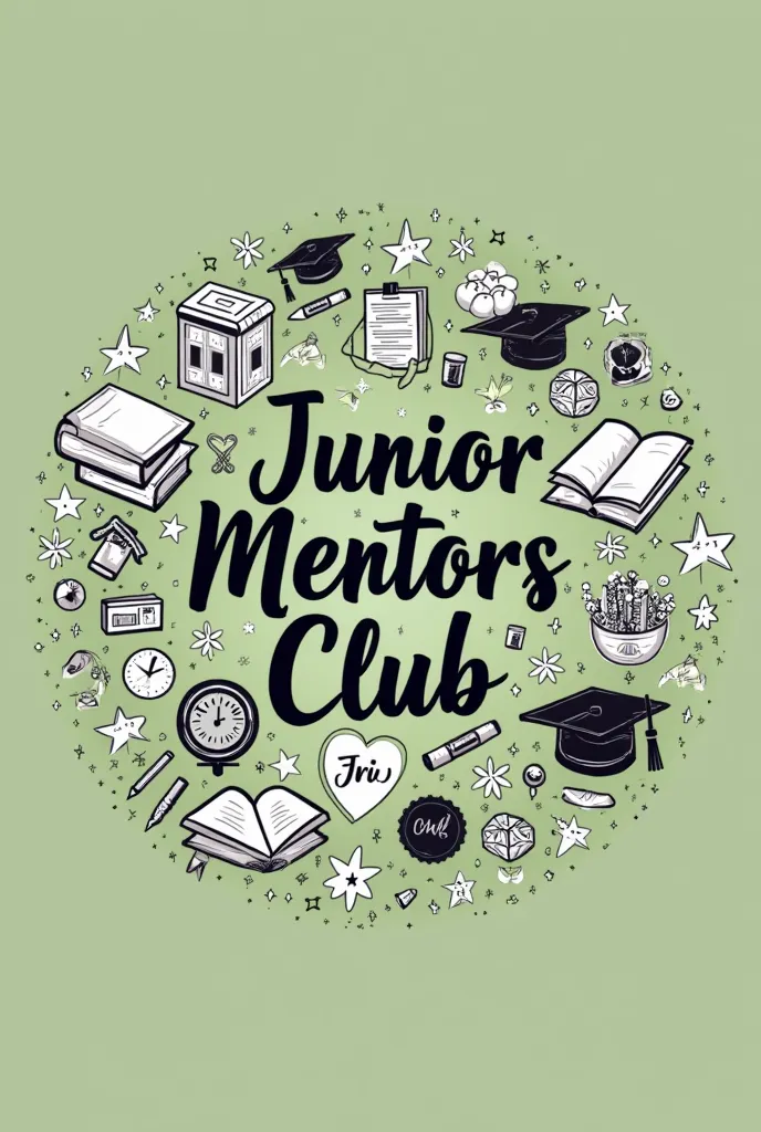 I want you to generate a design, at the center put "JUNIOR MENTORS CLUB" in cursive, and add designs like books, graduation caps, and educational materials. Also add phrases like "Knowledge is Power" and "Future Educators Organization" The background color...