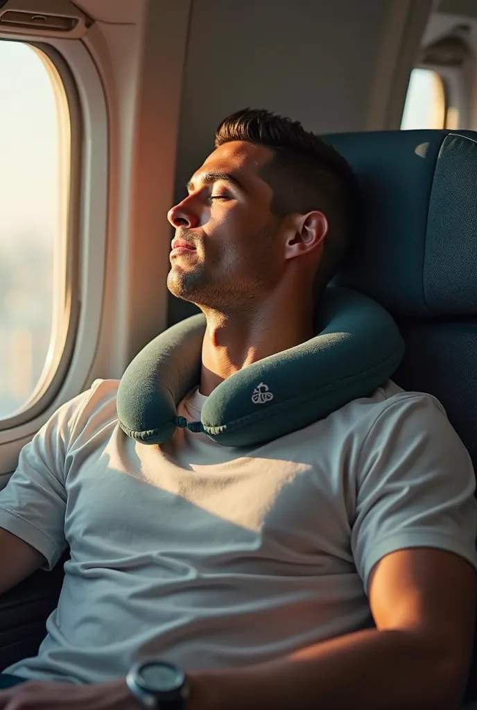 ronaldo putting travel neck pillow and slpping and say it is good