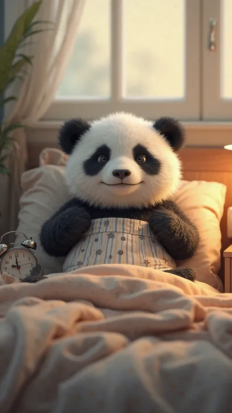 A panda bear in pajamas sleeping. The alarm goes off and it gets up 