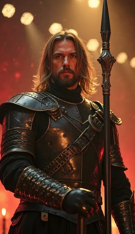 A man with fair skin  ,  long shoulder-length hair , A short beard and intense eyes are at the center of an illuminated stage at "There is Talent " style, . He wears medieval black leather armor with gold details, and hold a decorative spear in his hand.  ...