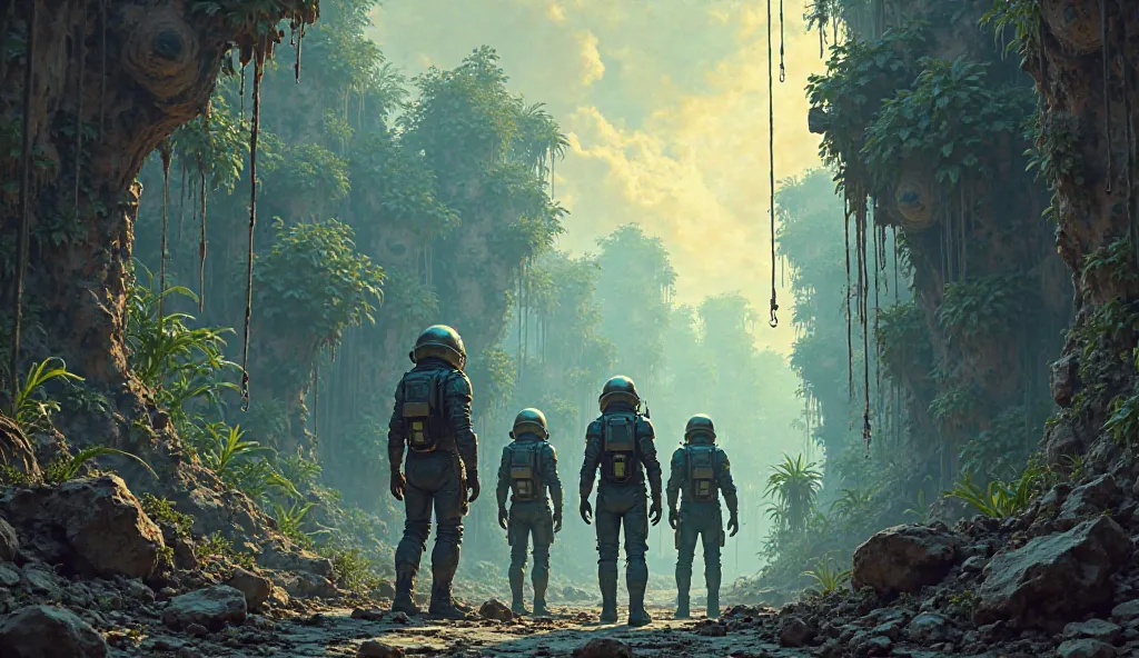 Description: The first illustration shows the crew standing at the entrance of an abandoned, decaying colony. The structures are overgrown with alien vegetation, casting an eerie atmosphere. The sky above is a strange, unnatural hue, and there’s a sense of...