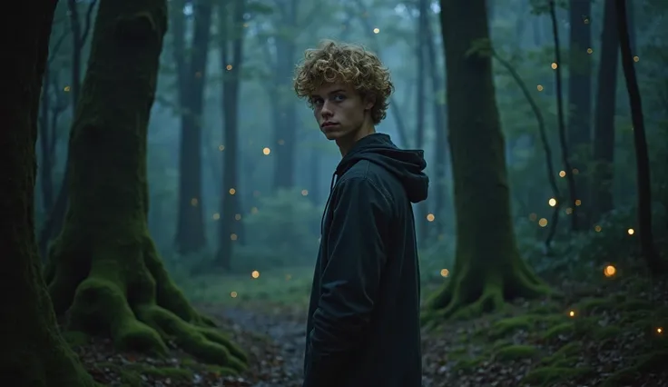 A realistic photo. A young man of 26, blond with curly hair and blue eyes, stands alone in a dense forest, surrounded by towering trees. The air is thick with the scent of moss and rain, and the ground is covered in fallen leaves. His blue eyes scan the da...