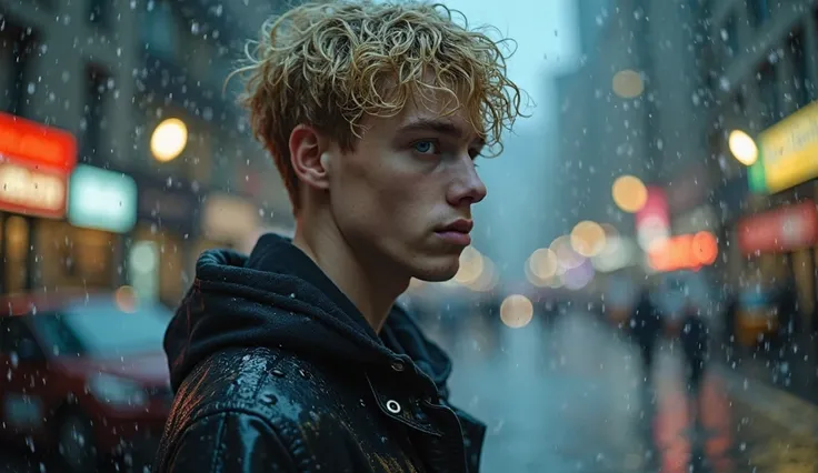 A realistic photo. A young man of 26, blond with curly hair and blue eyes, stands in the rain, his hair wet, clinging to his forehead. His clothes are soaked, but he doesn’t move, staring into the distance with a faraway gaze. The city lights behind him re...