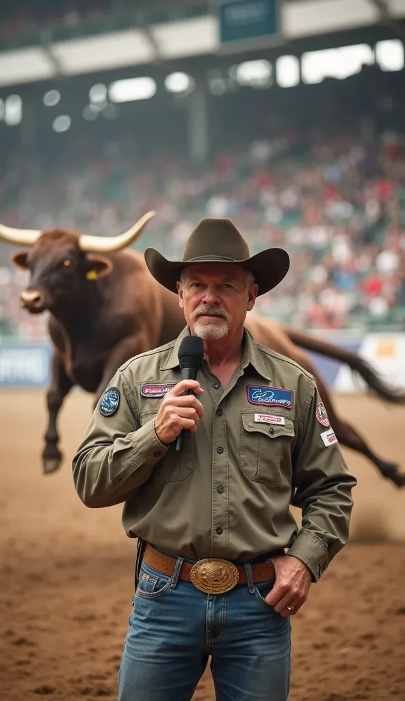 Create a hyper-realistic photograph capturing a real moment at a modern rodeo arena. The rodeo announcer, dressed in traditional cowboy attire complete with sponsor logos on his clothing, stands confidently holding a wireless microphone. With a backdrop of...