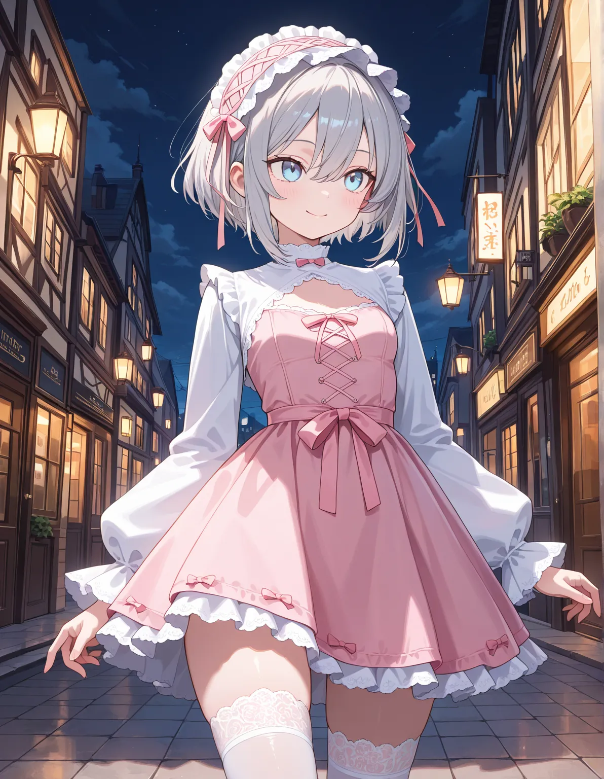 1girl, solo, 1girl, solo, slim, light blue eyes, (tsurime:0.8), grey hair short hair, sidelocks, hair between eyes, general, gothic lolita, white shrug \(clothing\), puffy long sleeves, pink dress short dress frilled dress front-tie dress, neckline cutout,...