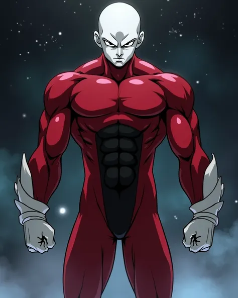 "A highly detailed anime-style warrior with a lean but powerful physique, resembling Jiren from Dragon Ball. He wears a fully covered, form-fitting battle suit in red and black, with white gloves and boots. His face is smooth and emotionless, with deep, pi...