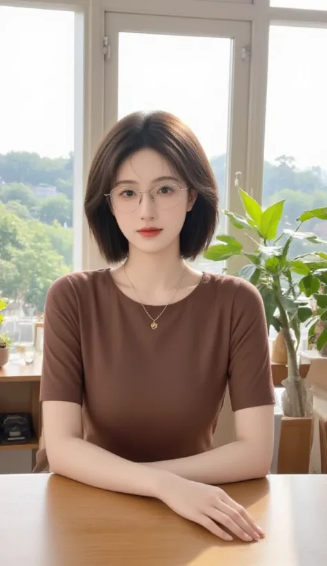 The photo shows a woman sitting in a space with large windows, which allows natural light to enter. She has short hair, naturally styled and a simple brown dress, suitable for a meeting or relaxation. 

She wears glasses and has a necklace, which gives the...