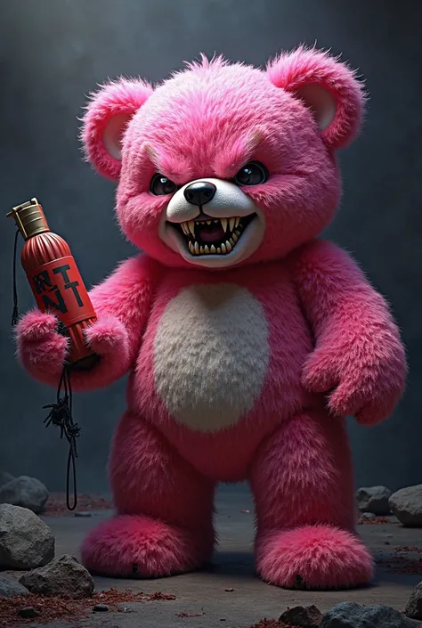 Faire une peluche ours rose méchant avec une tnt dans la main 