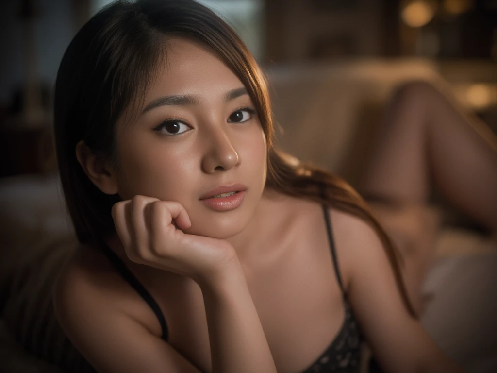 Close up of Woman laying down on the bed sideways looking at the camera cleavage. Big boobs. Subtle smile. Breasts. Cinematic lighting 