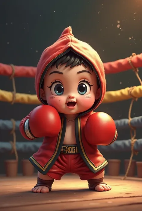 Here's a suggestion prompt to generate an image of a struggling toddler looking like a baby, but looking like a boxer:

"A cute, plump baby,  with determined expression , wearing red boxing gloves a small hooded boxing robe, striped in black and gold. He i...