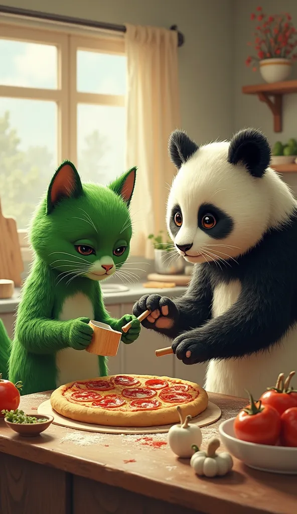 green cat and panda cooking pizza in the kitchen