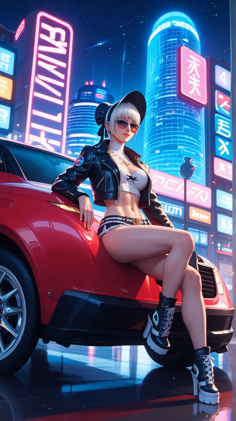 A sleek, modern street racer, wearing a leather jacket and dark sunglasses, is sitting casually on the bonnet of a glossy, high-performance sports car. The car is parked in an urban setting with neon lights reflecting off the metallic surface, adding a fut...