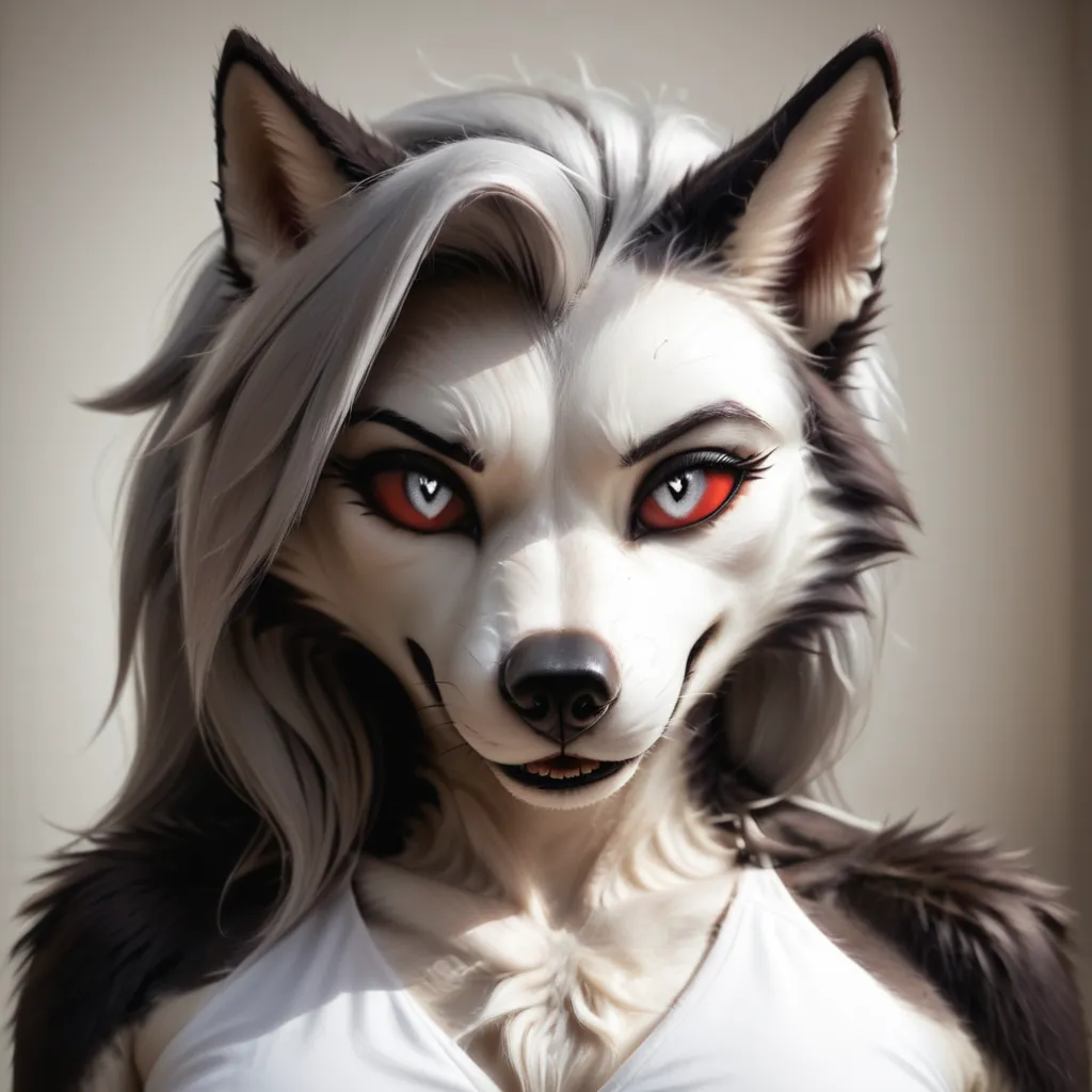 Furry art, breathtaking furry art, realistic furry, anthro white wolf, female wolf, black makeup, white eyes with red sclera, silver hairs, black ears, sensual, loona, claws,(pixelsketcher pikaflufftulf hioshiru artstyle),full body, slender, 75mm canon sho...