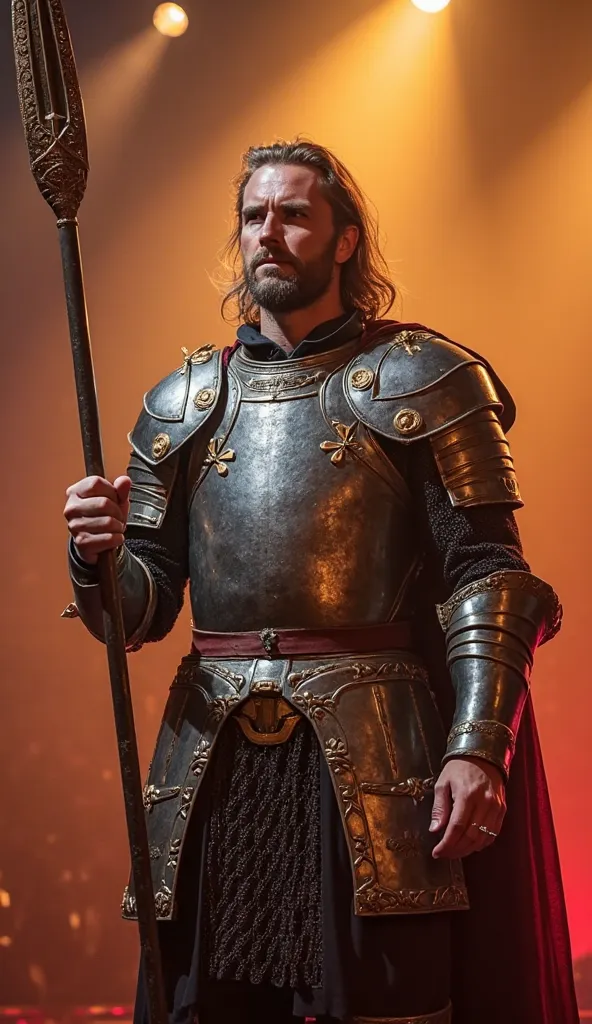 A man with fair skin  ,  long shoulder-length hair , A short beard and intense eyes are at the center of an illuminated stage at "There is Talent " style, . He wears medieval silver armor with gold details, and hold a decorative spear in his hand.  His pos...