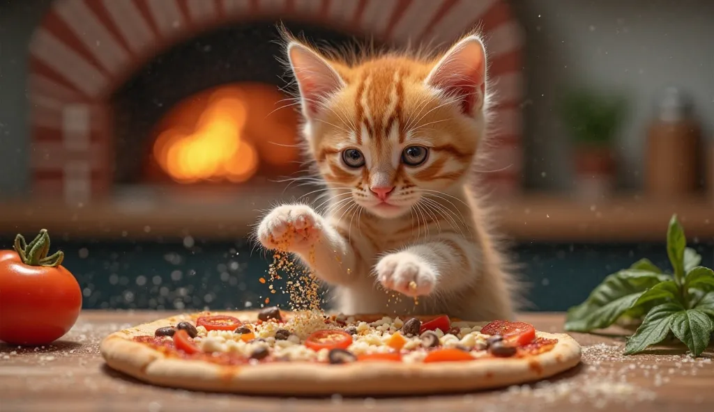 The kitten is now sprinkling cheese, mushrooms, and sliced tomatoes onto the pizza. Its paws are slightly messy with toppings, and it looks excited. The kitchen counter has a neat but slightly scattered array of ingredients. The brick oven in the backgroun...