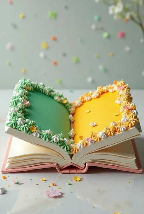 1 white colour birthday cake like a opened book. 1 page decorated in green colour. Other page decorated in yellow colour