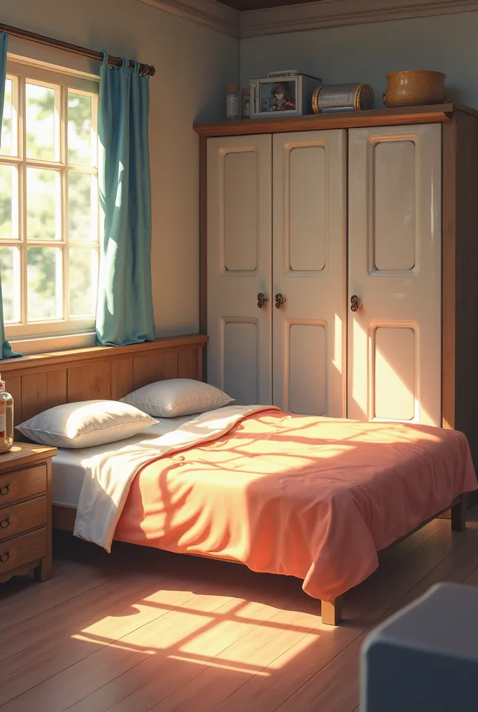 An image of a simple bedroom with two double beds and a closet 