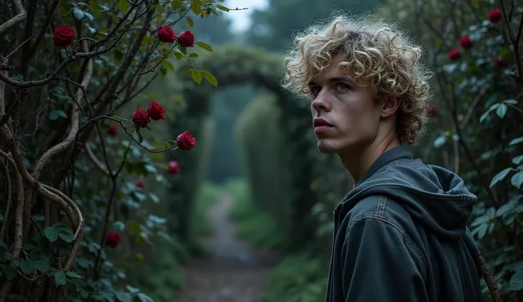 A realistic photo. The young man hesitates at the entrance of an overgrown garden, where twisting vines and dark red roses block the path. The moonlight casts silver highlights on his curly blond hair, while the garden looks untouched for years, wild and u...