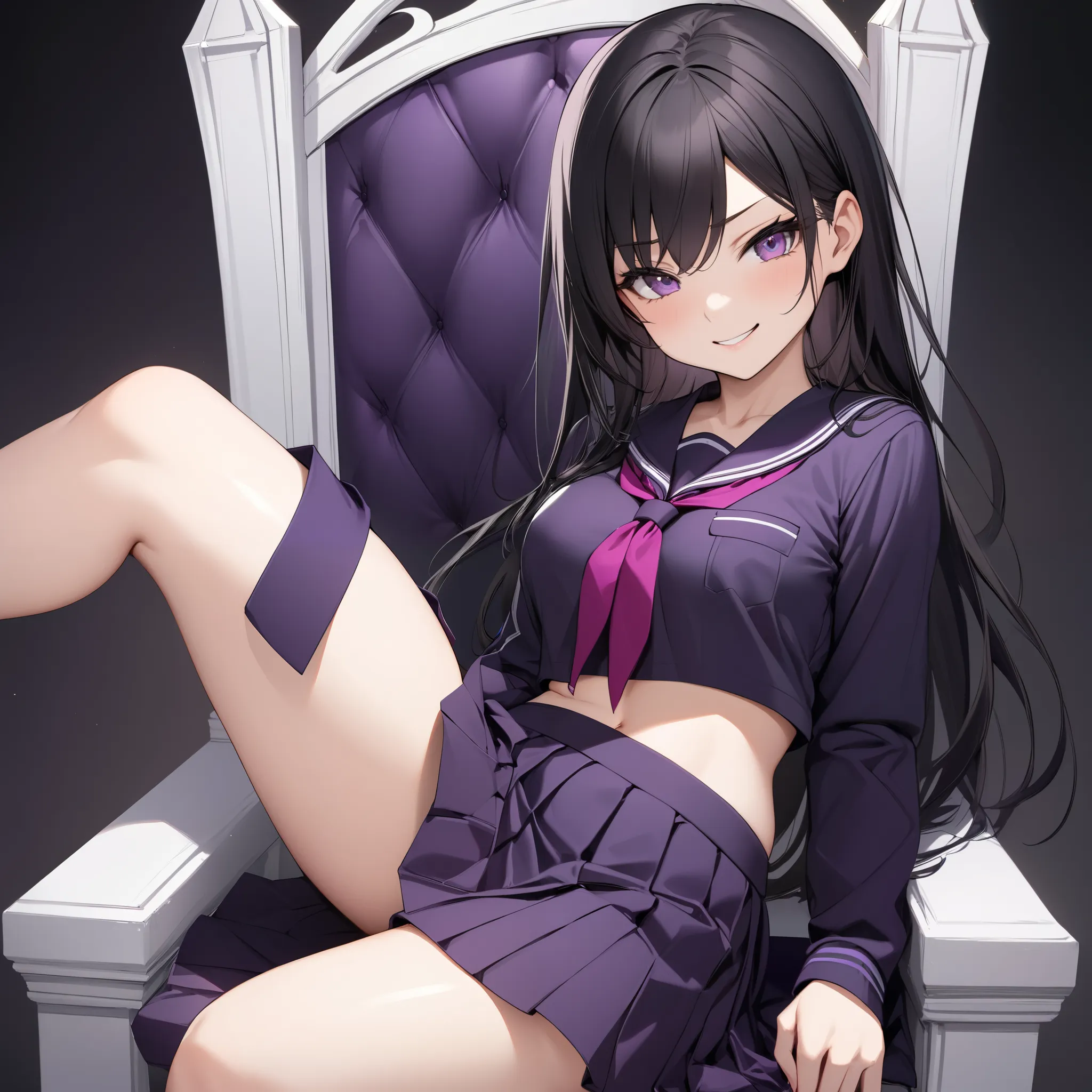 High resolution, high quality, HD, beautiful female, 1 female, beautiful, ager, haughty, mischievous, smirking, medium breasts, long straight hair, jet black hair, purple colored eyes, purple school uniform with short black skirt, show stomach, show thighs...