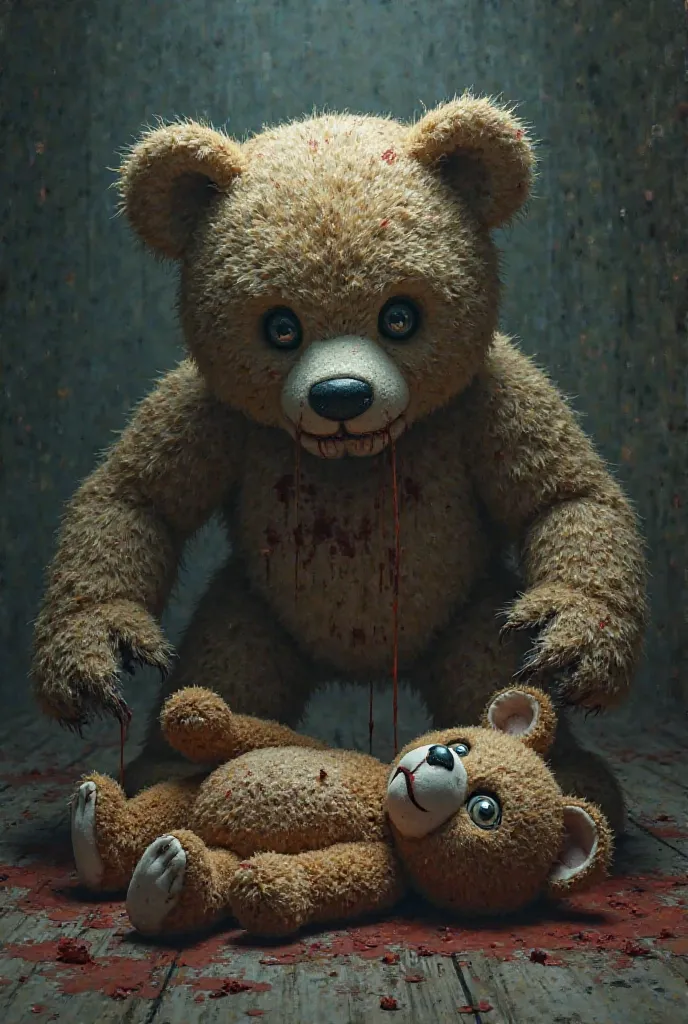 A teddy bear kills a teddy bear

