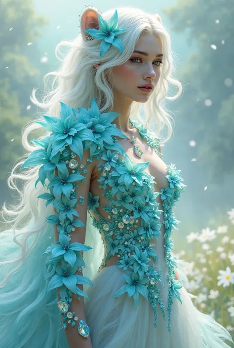 young woman like a white lioness made of turquoise flowers and diamonds