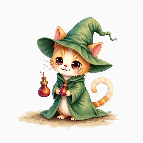  watercolor hand painted Chipkitten Wizard Sneaking a Potion Ingredient: The Chipkitten looks mischievous, tucking a tiny potion bottle into its cloak pocket while glancing around cautiously. Transparent background. image should be very clean to see
