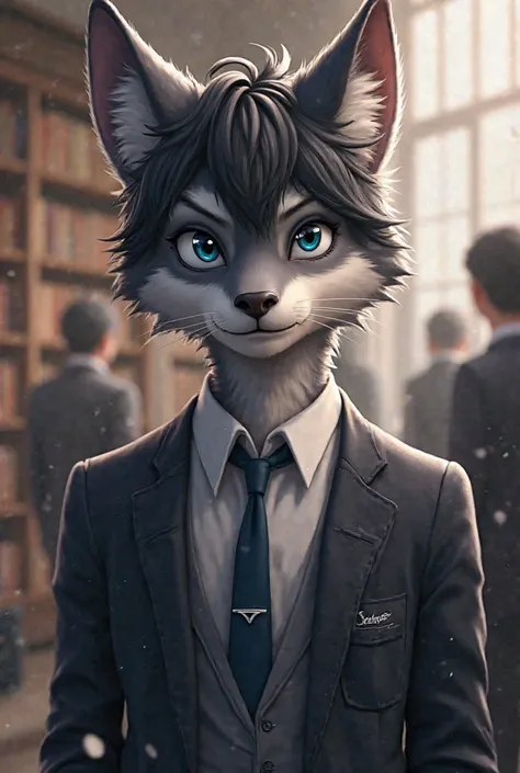 a furry student， male，（Race）， Grey Fur，black hair， blue eyes ， school uniform