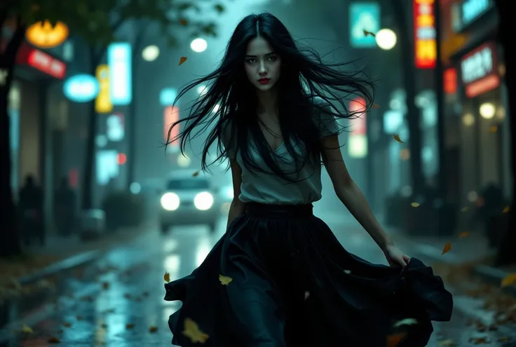 {{A ((dramatic and intense)) depiction of {an 18-year-old girl walking against a powerful wind, her long black hair wildly whipping around her face, wearing a white sweater and a long black skirt}}} with {((her hands gripping the skirt tightly to keep it d...