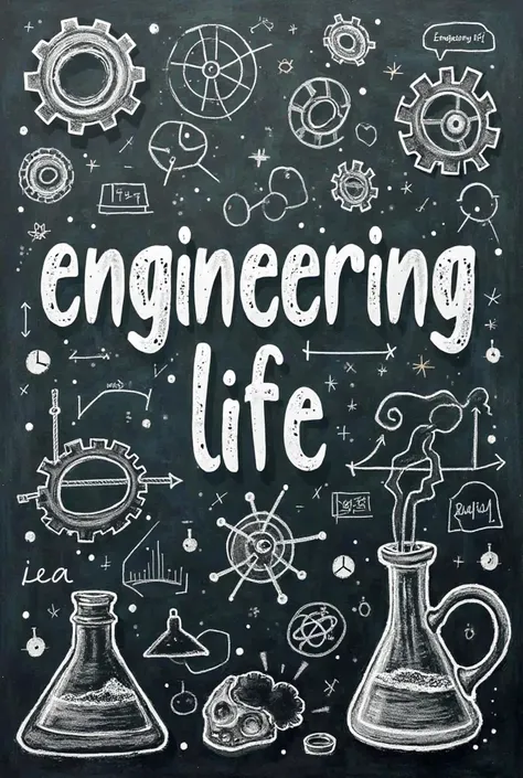 Create a image with  a chalkboard-style design with various engineering and science-related doodles and the text "ENGINEERING LIFE."