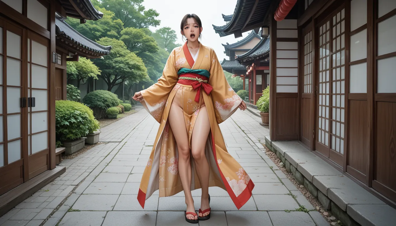 Japanese girl - geicha - low-cut kimono - beautiful exposed body - strong thick tabby legs - scared face - full body in the image,mm - exposed intimacy - thin waist - wide hip