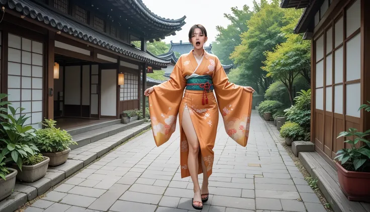 Japanese girl - geicha - low-cut kimono - beautiful exposed body - strong thick tabby legs - scared face - full body in the image,mm - exposed intimacy - thin waist - wide hip